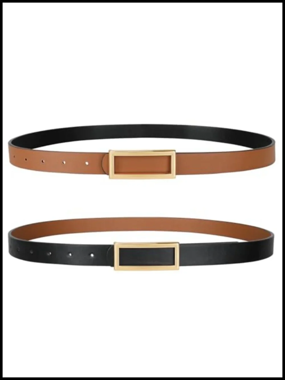 Skinny Reversible Faux Leather Belt for Women, Two-in-One Thin Belt with Gold